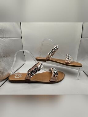 G by Guess Rose Gold Slide Sandals with Silver Chain Accent